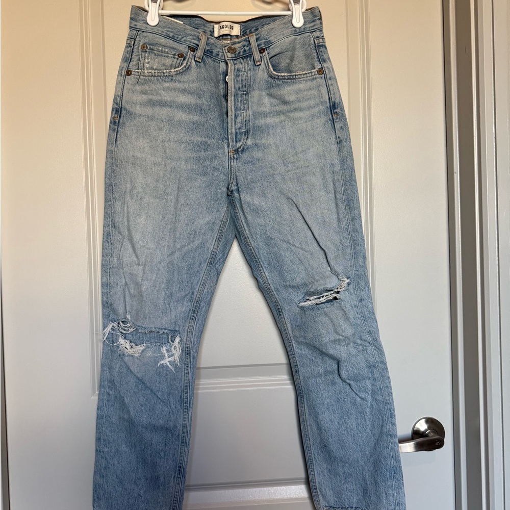 Agolde Womens Light Blue Ripped Straight Jeans
